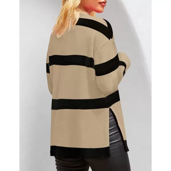 imageZESICA Womens 2024 Fall Winter Striped Sweaters Long Sleeve Crew Neck Ribbed Knit Side Slit Oversized Pullover Sweater TopsTan