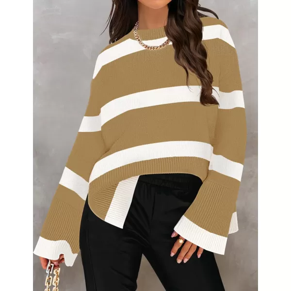 imageZESICA Womens 2024 Fall Winter Striped Sweaters Long Sleeve Crew Neck Ribbed Knit Side Slit Oversized Pullover Sweater TopsToffee