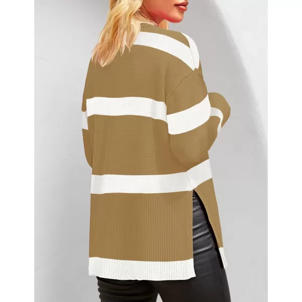 imageZESICA Womens 2024 Fall Winter Striped Sweaters Long Sleeve Crew Neck Ribbed Knit Side Slit Oversized Pullover Sweater TopsToffee