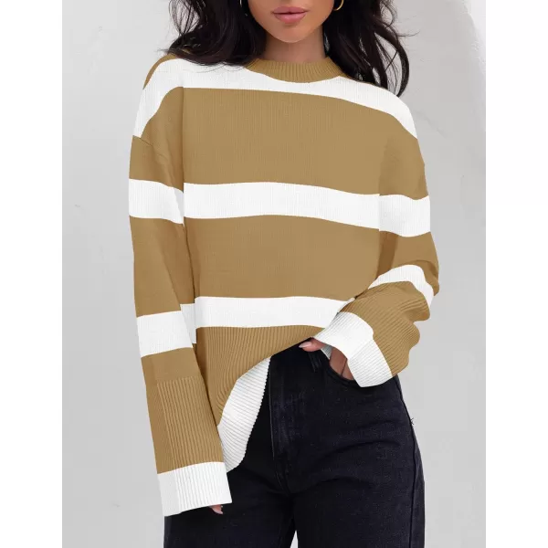 imageZESICA Womens 2024 Fall Winter Striped Sweaters Long Sleeve Crew Neck Ribbed Knit Side Slit Oversized Pullover Sweater TopsToffee