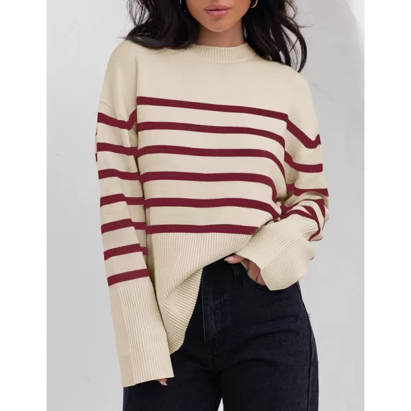 imageZESICA Womens 2024 Fall Winter Striped Sweaters Long Sleeve Crew Neck Ribbed Knit Side Slit Oversized Pullover Sweater TopsVintagered