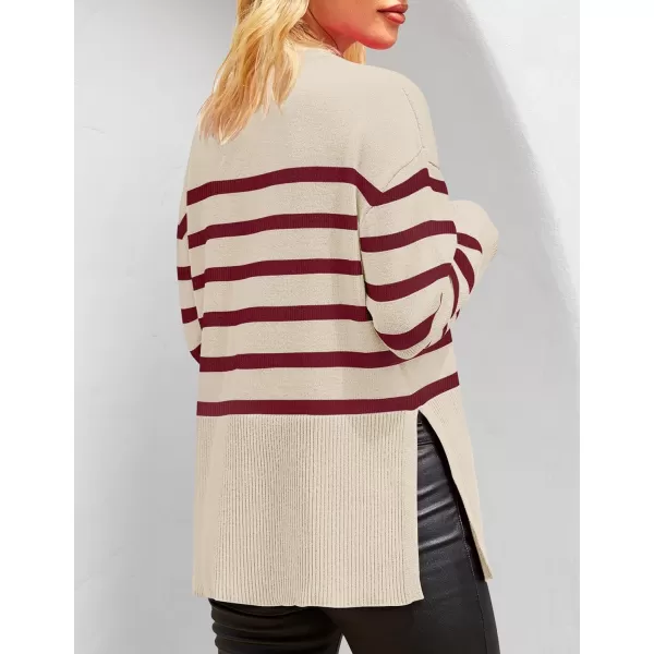 imageZESICA Womens 2024 Fall Winter Striped Sweaters Long Sleeve Crew Neck Ribbed Knit Side Slit Oversized Pullover Sweater TopsVintagered