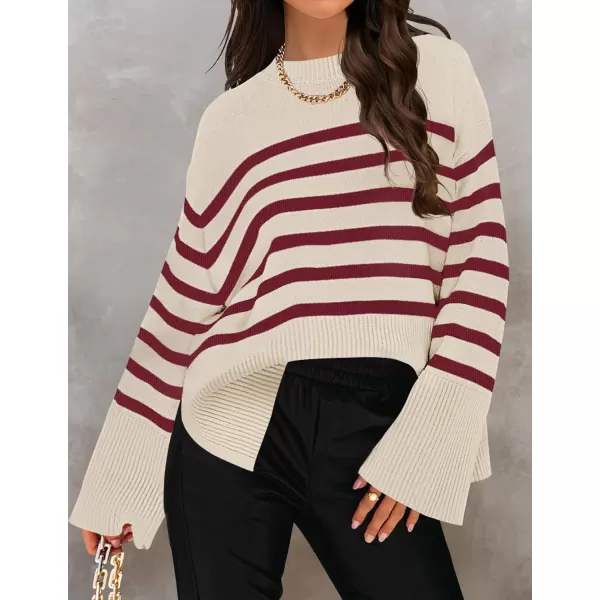 imageZESICA Womens 2024 Fall Winter Striped Sweaters Long Sleeve Crew Neck Ribbed Knit Side Slit Oversized Pullover Sweater TopsVintagered