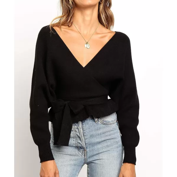 imageZESICA Womens 2024 Fall Wrap V Neck Long Batwing Sleeve Belted Waist Ruffle Knitted Sweater Pullover TopBlack