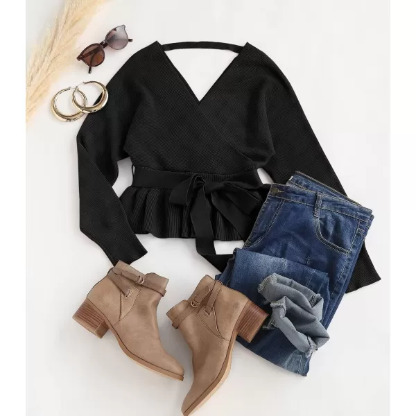 imageZESICA Womens 2024 Fall Wrap V Neck Long Batwing Sleeve Belted Waist Ruffle Knitted Sweater Pullover TopBlack