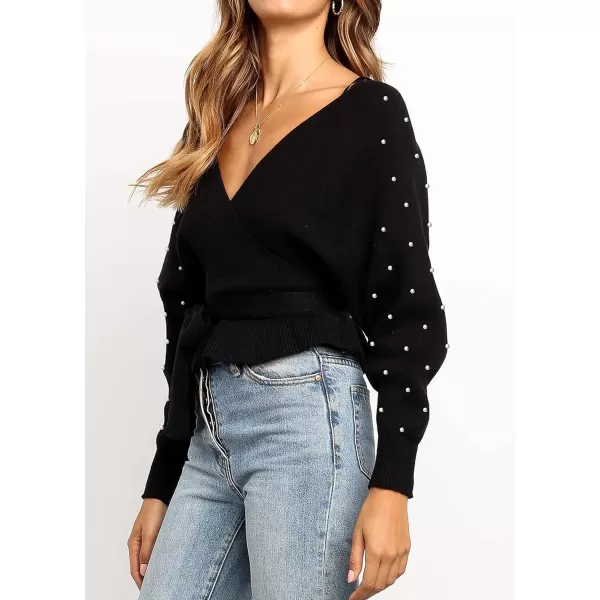 imageZESICA Womens 2024 Fall Wrap V Neck Long Batwing Sleeve Belted Waist Ruffle Knitted Sweater Pullover TopBlackwhite