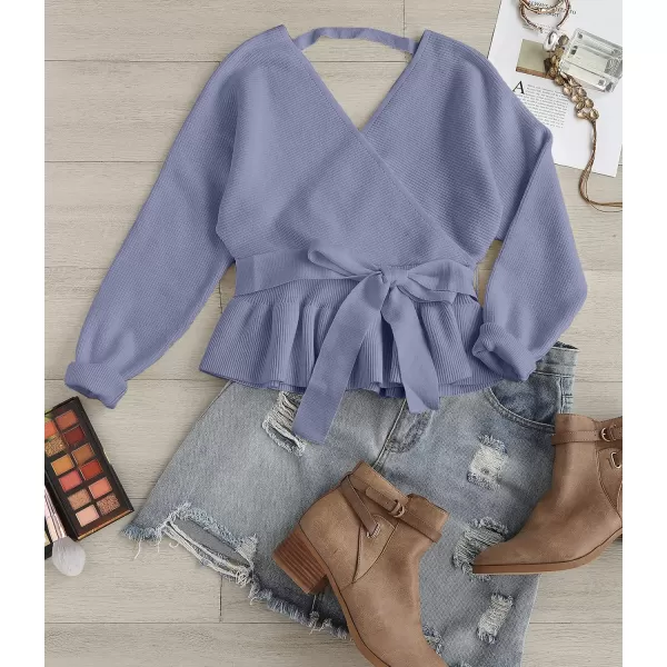imageZESICA Womens 2024 Fall Wrap V Neck Long Batwing Sleeve Belted Waist Ruffle Knitted Sweater Pullover TopBlue