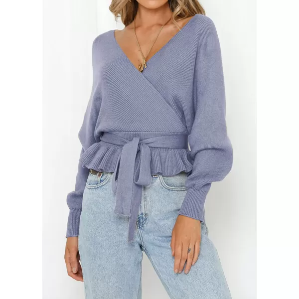imageZESICA Womens 2024 Fall Wrap V Neck Long Batwing Sleeve Belted Waist Ruffle Knitted Sweater Pullover TopBlue