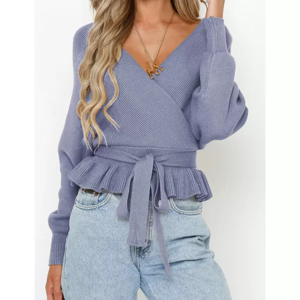 imageZESICA Womens 2024 Fall Wrap V Neck Long Batwing Sleeve Belted Waist Ruffle Knitted Sweater Pullover TopBlue