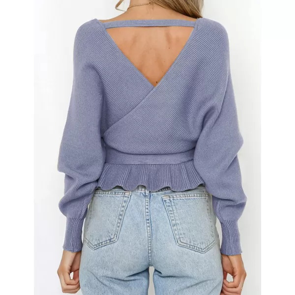 imageZESICA Womens 2024 Fall Wrap V Neck Long Batwing Sleeve Belted Waist Ruffle Knitted Sweater Pullover TopBlue