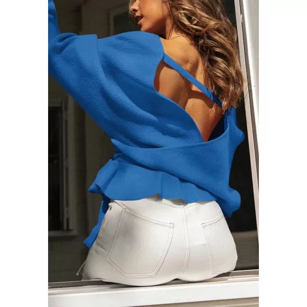 imageZESICA Womens 2024 Fall Wrap V Neck Long Batwing Sleeve Belted Waist Ruffle Knitted Sweater Pullover TopBrightblue