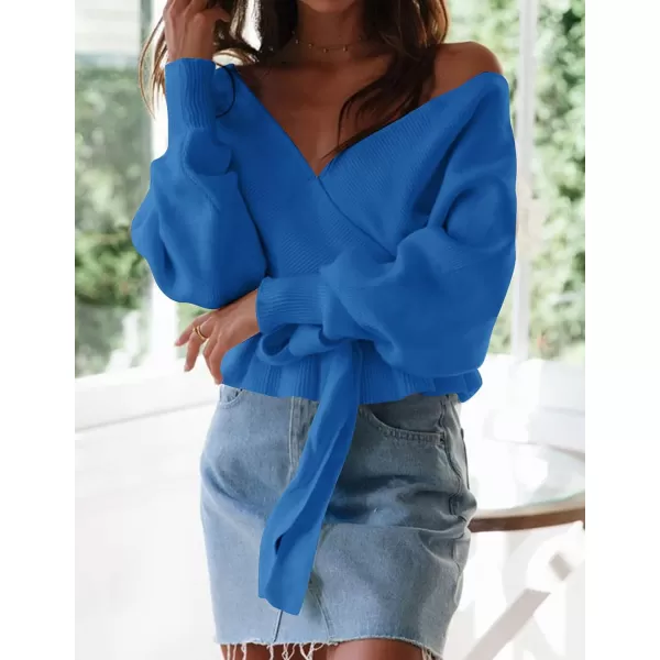 imageZESICA Womens 2024 Fall Wrap V Neck Long Batwing Sleeve Belted Waist Ruffle Knitted Sweater Pullover TopBrightblue