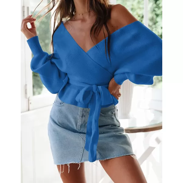 imageZESICA Womens 2024 Fall Wrap V Neck Long Batwing Sleeve Belted Waist Ruffle Knitted Sweater Pullover TopBrightblue