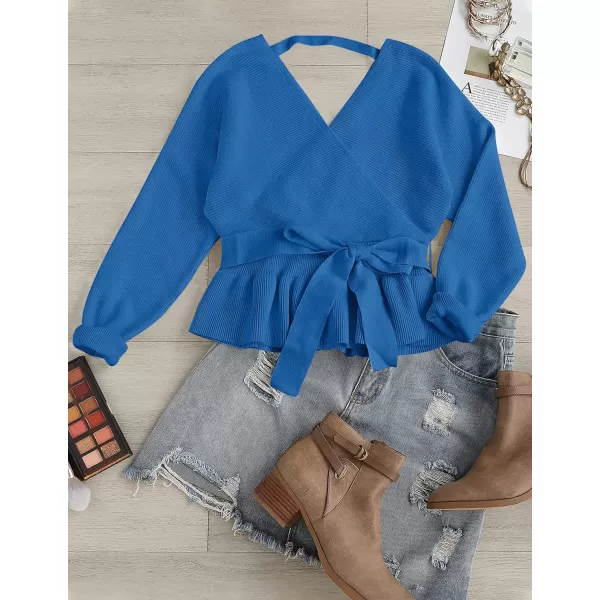 imageZESICA Womens 2024 Fall Wrap V Neck Long Batwing Sleeve Belted Waist Ruffle Knitted Sweater Pullover TopBrightblue