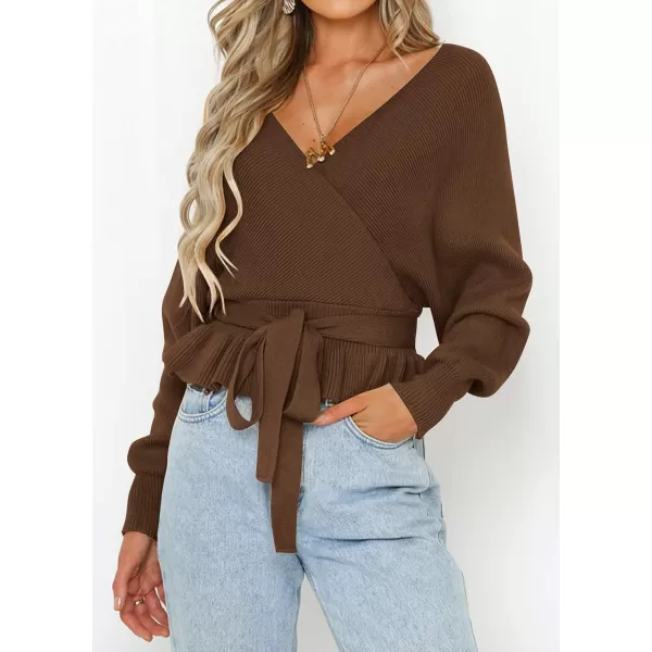 imageZESICA Womens 2024 Fall Wrap V Neck Long Batwing Sleeve Belted Waist Ruffle Knitted Sweater Pullover TopBrown