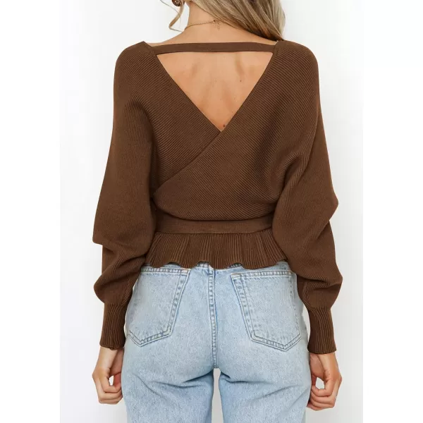 imageZESICA Womens 2024 Fall Wrap V Neck Long Batwing Sleeve Belted Waist Ruffle Knitted Sweater Pullover TopBrown