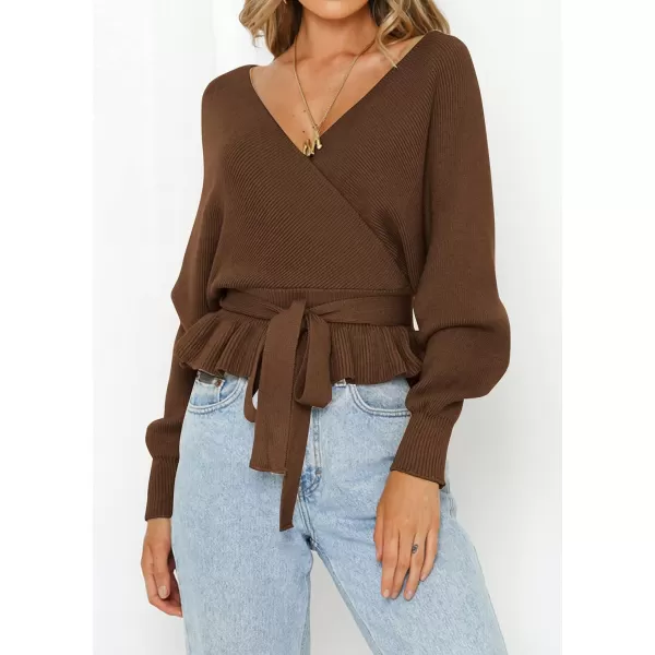 imageZESICA Womens 2024 Fall Wrap V Neck Long Batwing Sleeve Belted Waist Ruffle Knitted Sweater Pullover TopBrown