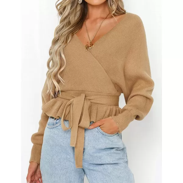 imageZESICA Womens 2024 Fall Wrap V Neck Long Batwing Sleeve Belted Waist Ruffle Knitted Sweater Pullover TopCamel