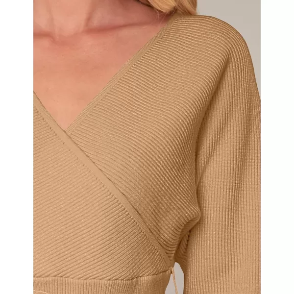imageZESICA Womens 2024 Fall Wrap V Neck Long Batwing Sleeve Belted Waist Ruffle Knitted Sweater Pullover TopCamel