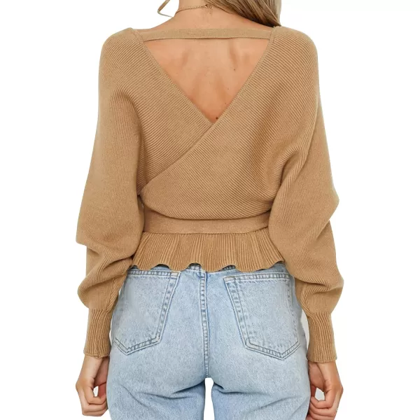imageZESICA Womens 2024 Fall Wrap V Neck Long Batwing Sleeve Belted Waist Ruffle Knitted Sweater Pullover TopCamel