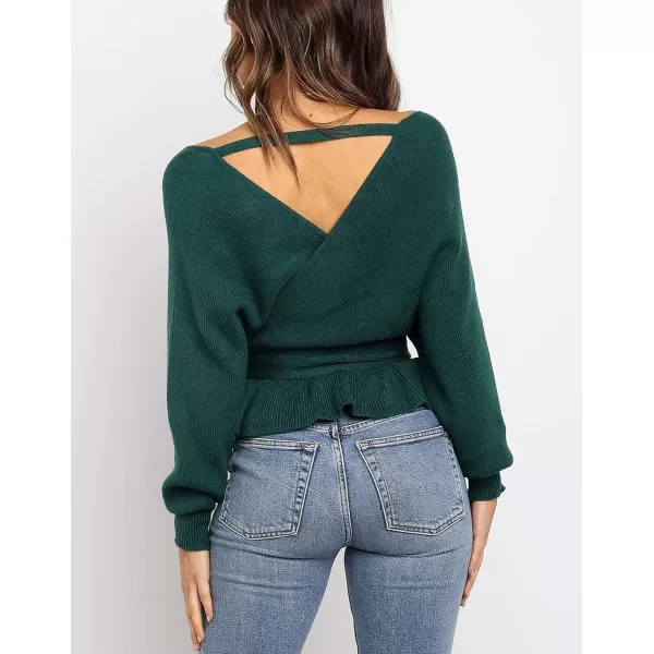 imageZESICA Womens 2024 Fall Wrap V Neck Long Batwing Sleeve Belted Waist Ruffle Knitted Sweater Pullover TopGreen