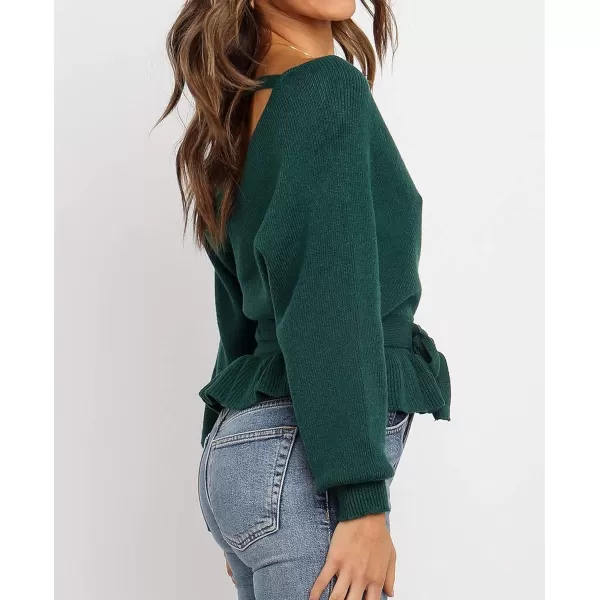 imageZESICA Womens 2024 Fall Wrap V Neck Long Batwing Sleeve Belted Waist Ruffle Knitted Sweater Pullover TopGreen