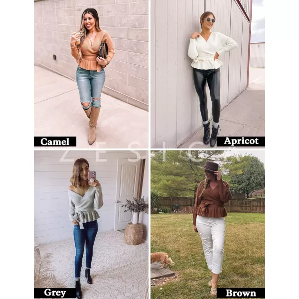 imageZESICA Womens 2024 Fall Wrap V Neck Long Batwing Sleeve Belted Waist Ruffle Knitted Sweater Pullover TopGreen