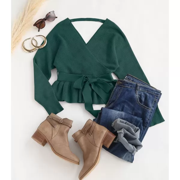 imageZESICA Womens 2024 Fall Wrap V Neck Long Batwing Sleeve Belted Waist Ruffle Knitted Sweater Pullover TopGreen