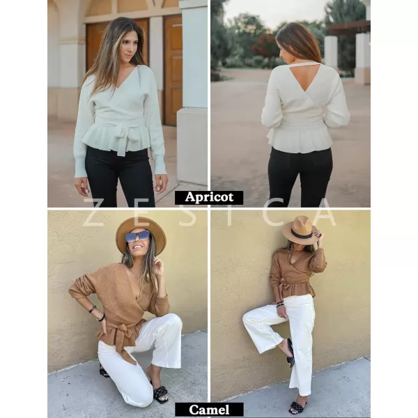 imageZESICA Womens 2024 Fall Wrap V Neck Long Batwing Sleeve Belted Waist Ruffle Knitted Sweater Pullover TopGreen