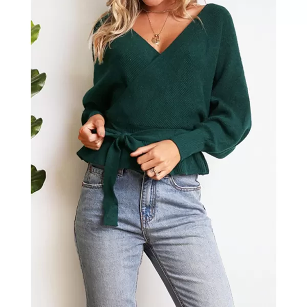 imageZESICA Womens 2024 Fall Wrap V Neck Long Batwing Sleeve Belted Waist Ruffle Knitted Sweater Pullover TopGreen