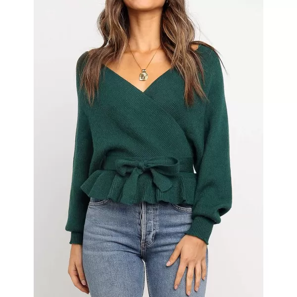 imageZESICA Womens 2024 Fall Wrap V Neck Long Batwing Sleeve Belted Waist Ruffle Knitted Sweater Pullover TopGreen