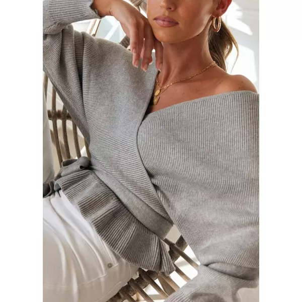 imageZESICA Womens 2024 Fall Wrap V Neck Long Batwing Sleeve Belted Waist Ruffle Knitted Sweater Pullover TopGrey