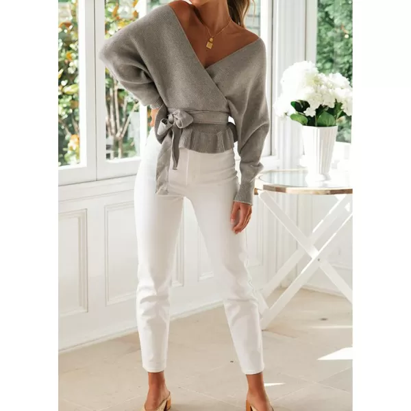 imageZESICA Womens 2024 Fall Wrap V Neck Long Batwing Sleeve Belted Waist Ruffle Knitted Sweater Pullover TopGrey