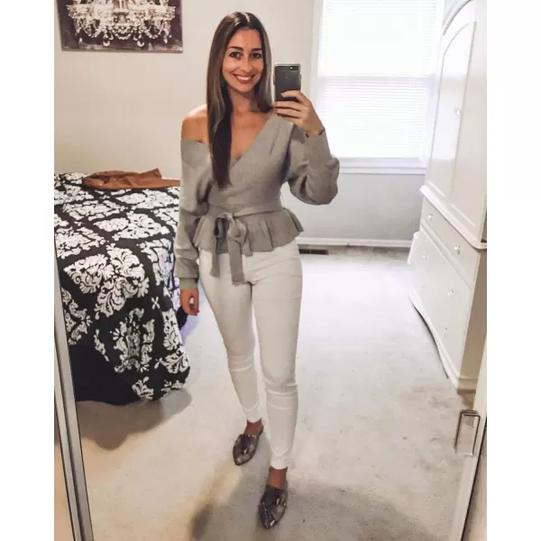 imageZESICA Womens 2024 Fall Wrap V Neck Long Batwing Sleeve Belted Waist Ruffle Knitted Sweater Pullover TopGrey