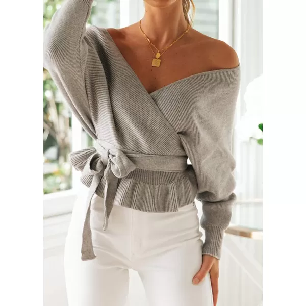 imageZESICA Womens 2024 Fall Wrap V Neck Long Batwing Sleeve Belted Waist Ruffle Knitted Sweater Pullover TopGrey