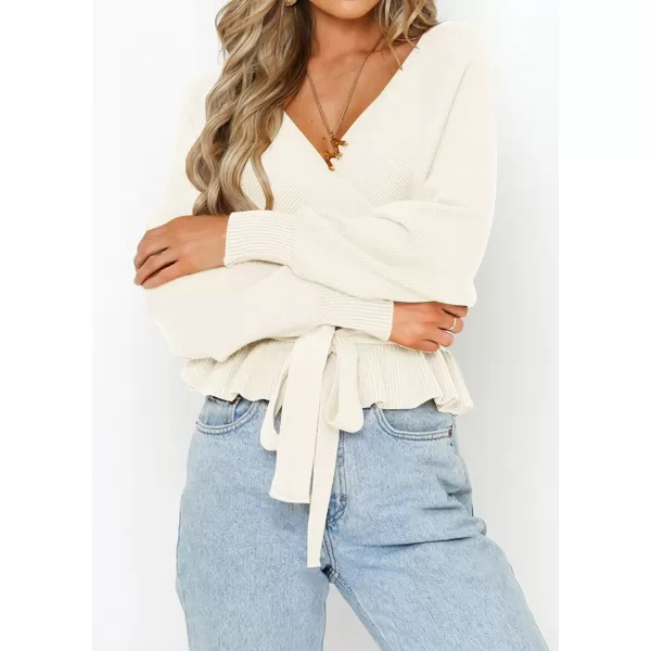 imageZESICA Womens 2024 Fall Wrap V Neck Long Batwing Sleeve Belted Waist Ruffle Knitted Sweater Pullover TopIvory