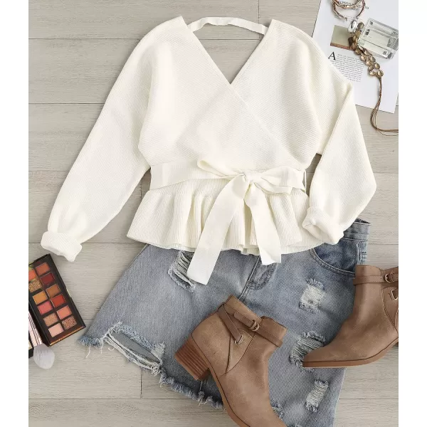 imageZESICA Womens 2024 Fall Wrap V Neck Long Batwing Sleeve Belted Waist Ruffle Knitted Sweater Pullover TopIvory