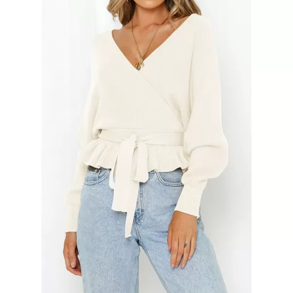 imageZESICA Womens 2024 Fall Wrap V Neck Long Batwing Sleeve Belted Waist Ruffle Knitted Sweater Pullover TopIvory