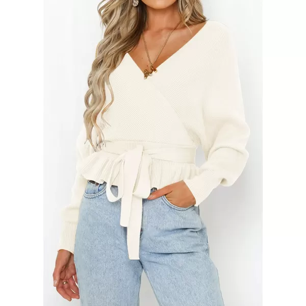 imageZESICA Womens 2024 Fall Wrap V Neck Long Batwing Sleeve Belted Waist Ruffle Knitted Sweater Pullover TopIvory