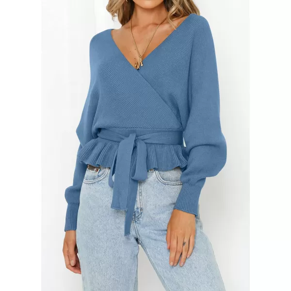 imageZESICA Womens 2024 Fall Wrap V Neck Long Batwing Sleeve Belted Waist Ruffle Knitted Sweater Pullover TopMidnightblue