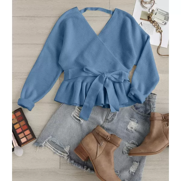 imageZESICA Womens 2024 Fall Wrap V Neck Long Batwing Sleeve Belted Waist Ruffle Knitted Sweater Pullover TopMidnightblue