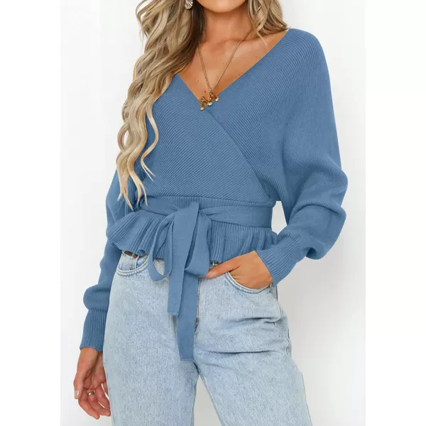 imageZESICA Womens 2024 Fall Wrap V Neck Long Batwing Sleeve Belted Waist Ruffle Knitted Sweater Pullover TopMidnightblue