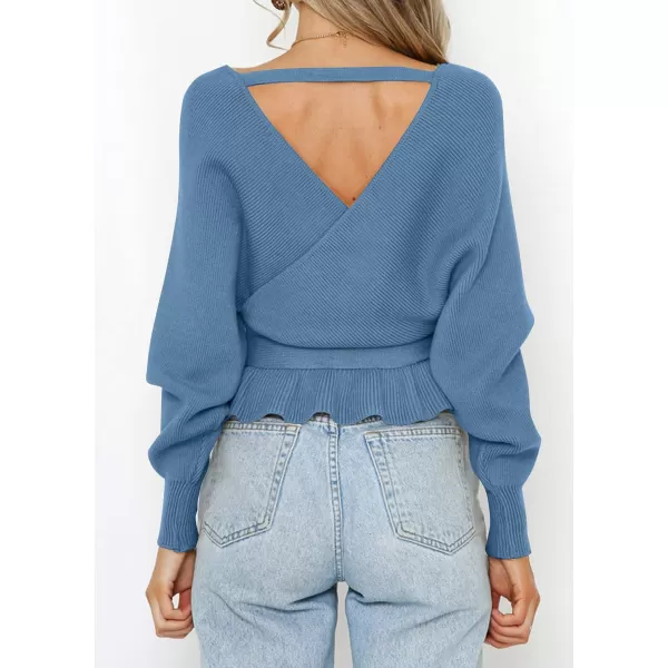 imageZESICA Womens 2024 Fall Wrap V Neck Long Batwing Sleeve Belted Waist Ruffle Knitted Sweater Pullover TopMidnightblue