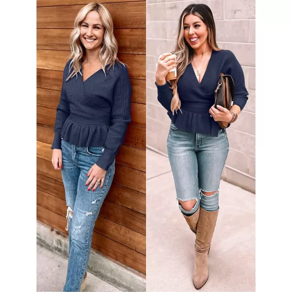 imageZESICA Womens 2024 Fall Wrap V Neck Long Batwing Sleeve Belted Waist Ruffle Knitted Sweater Pullover TopNavy