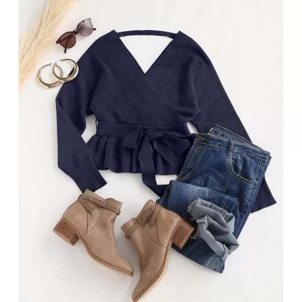 imageZESICA Womens 2024 Fall Wrap V Neck Long Batwing Sleeve Belted Waist Ruffle Knitted Sweater Pullover TopNavy