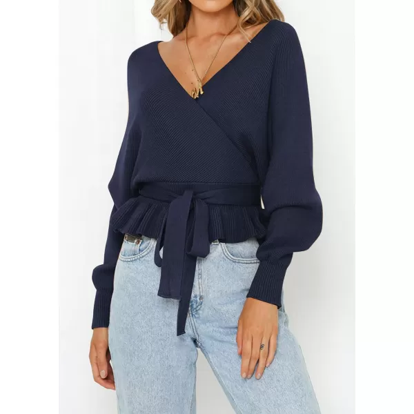 imageZESICA Womens 2024 Fall Wrap V Neck Long Batwing Sleeve Belted Waist Ruffle Knitted Sweater Pullover TopNavy