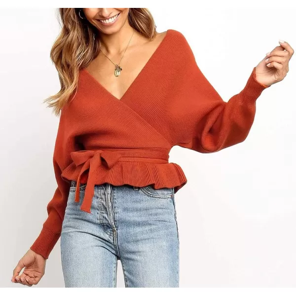 imageZESICA Womens 2024 Fall Wrap V Neck Long Batwing Sleeve Belted Waist Ruffle Knitted Sweater Pullover TopOrange