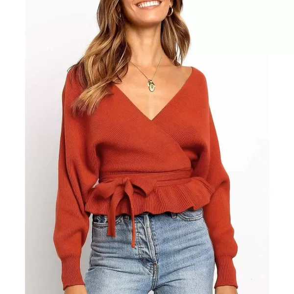 imageZESICA Womens 2024 Fall Wrap V Neck Long Batwing Sleeve Belted Waist Ruffle Knitted Sweater Pullover TopOrange