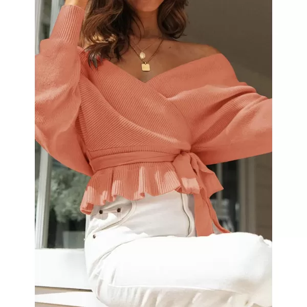 imageZESICA Womens 2024 Fall Wrap V Neck Long Batwing Sleeve Belted Waist Ruffle Knitted Sweater Pullover TopPeach