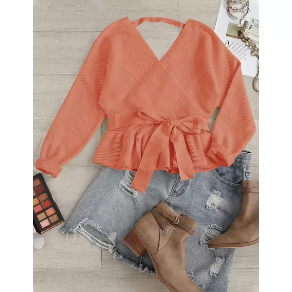 imageZESICA Womens 2024 Fall Wrap V Neck Long Batwing Sleeve Belted Waist Ruffle Knitted Sweater Pullover TopPeach